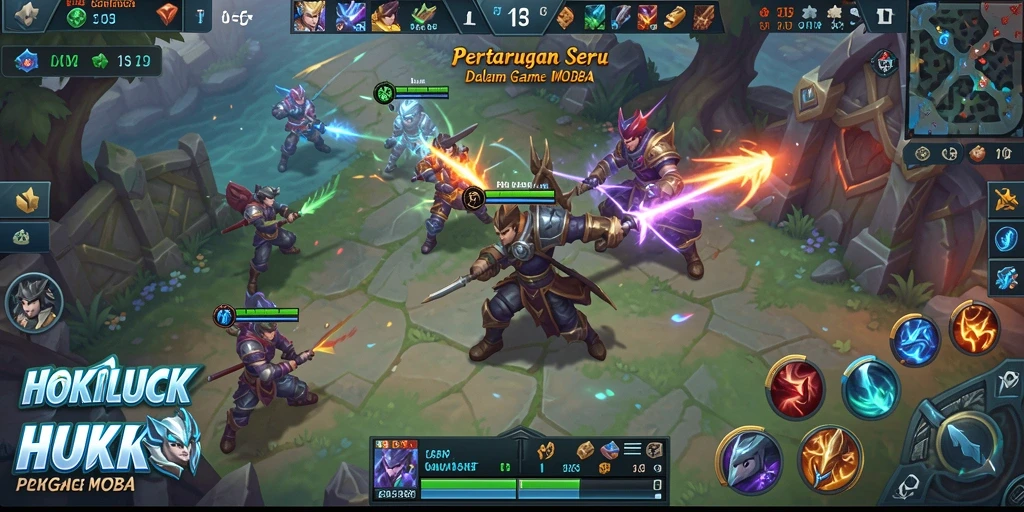 Screenshot utama HOKILUCK menampilkan gameplay MOBA yang intens.