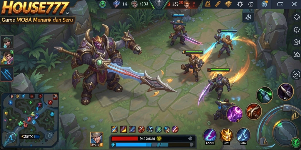 Tampilan gameplay seru dalam <strong>HOUSE777</strong> yang menampilkan aksi pertarungan MOBA.