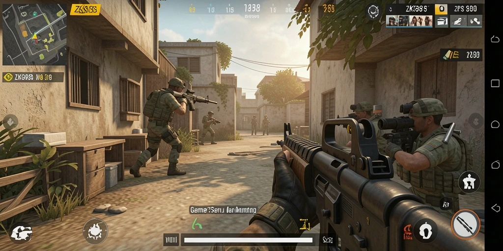 Screenshot gameplay ZK988 menampilkan adegan tembak-menembak yang seru.